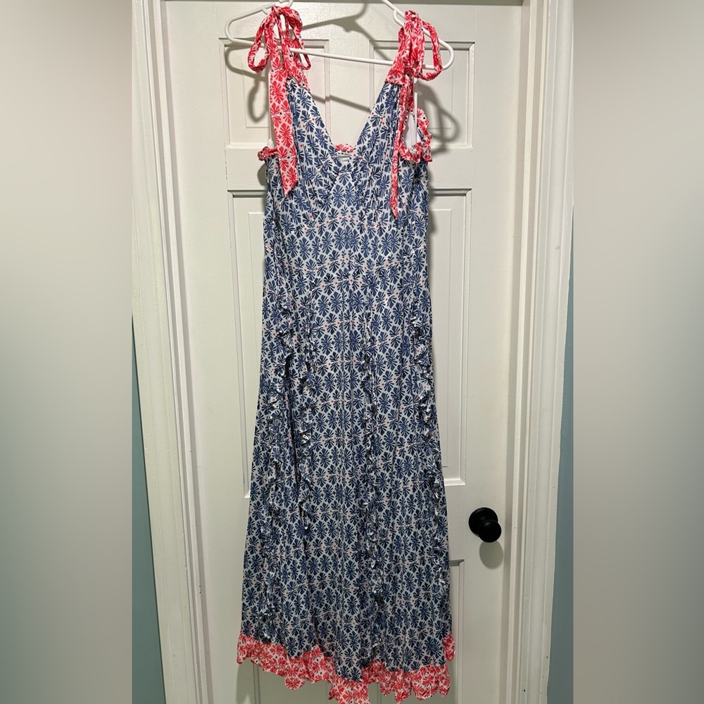 Vineyard Vines Blue and Coral Tie-Shoulder Maxi Dress